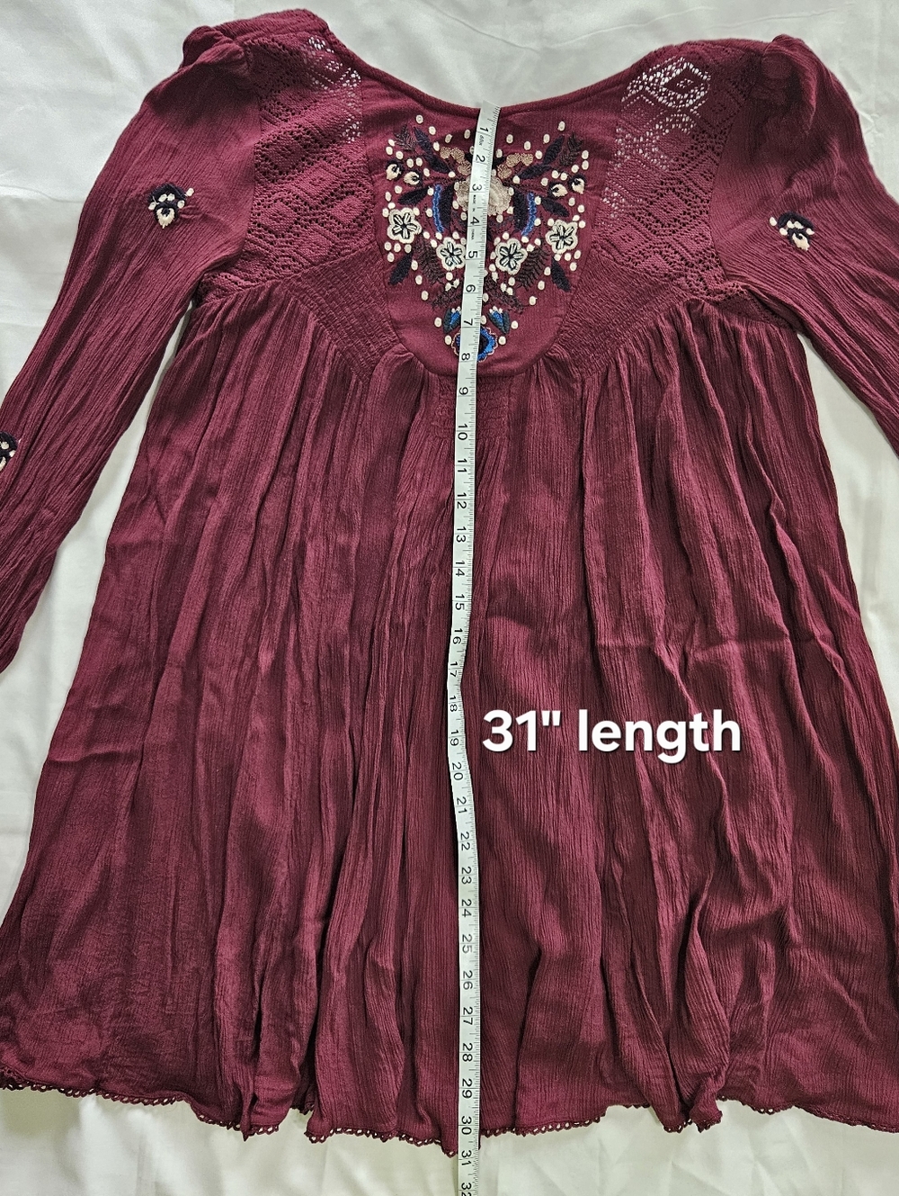 Free People Womens S Plum Burgundy Floral Embroidered V Back Babydoll Dress - Picture 5 of 12